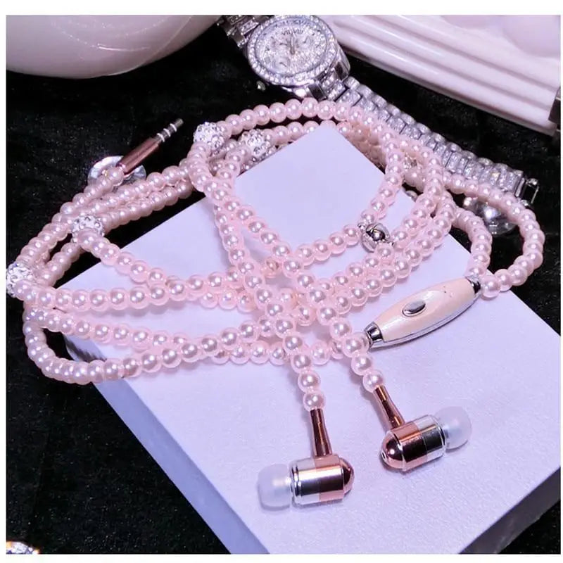 Ladies Luxury Pearl Necklace Pink Earphones With Mic Excellent Sound Quality Stereo Earphones For Everyday