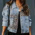 Lavish Style Winter Long - sleeved Jacket Denim Trendy Leopard Print Stitching Lapel Short Jacket For Women And Girls