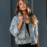 Lavish Style Winter Long - sleeved Jacket Denim Trendy Leopard Print Stitching Lapel Short Jacket For Women And Girls