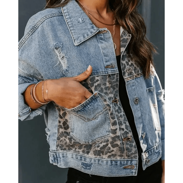 Lavish Style Winter Long - sleeved Jacket Denim Trendy Leopard Print Stitching Lapel Short Jacket For Women And Girls