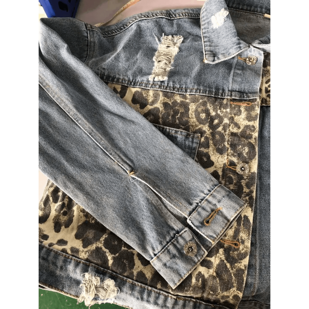 Lavish Style Winter Long - sleeved Jacket Denim Trendy Leopard Print Stitching Lapel Short Jacket For Women And Girls