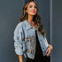 Lavish Style Winter Long - sleeved Jacket Denim Trendy Leopard Print Stitching Lapel Short Jacket For Women And Girls