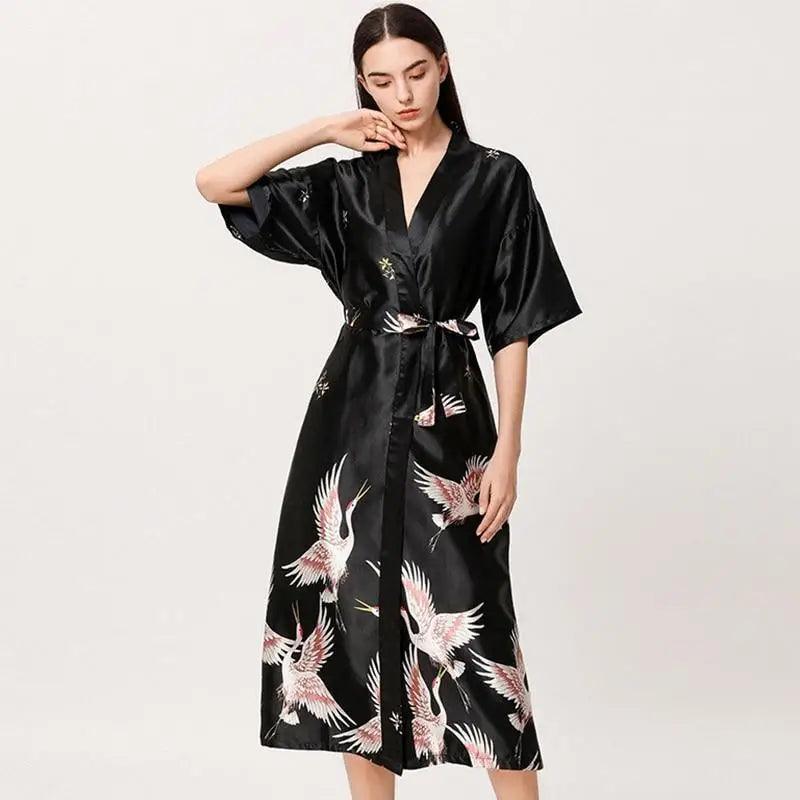 Lightweight Black Floral Birds Printed Women Bathrobe Elegant Design Floral Breathable Robe - STIL5455HGHGH