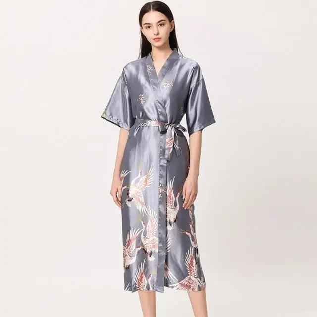 Lightweight Black Floral Birds Printed Women Bathrobe Elegant Design Floral Breathable Robe - Gray / M - STIL5455HGHGH