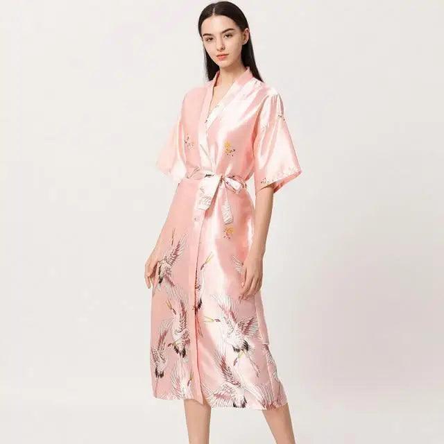 Lightweight Black Floral Birds Printed Women Bathrobe Elegant Design Floral Breathable Robe - Pink / M - STIL5455HGHGH