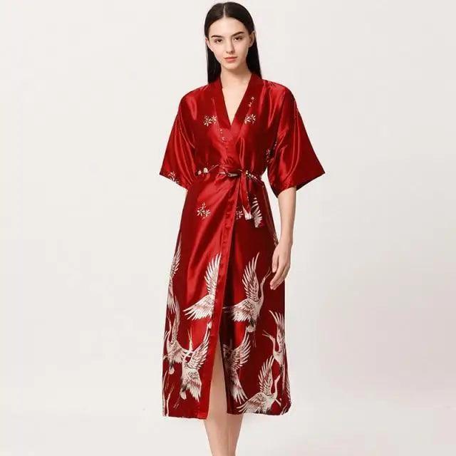 Lightweight Black Floral Birds Printed Women Bathrobe Elegant Design Floral Breathable Robe - Wine red / M