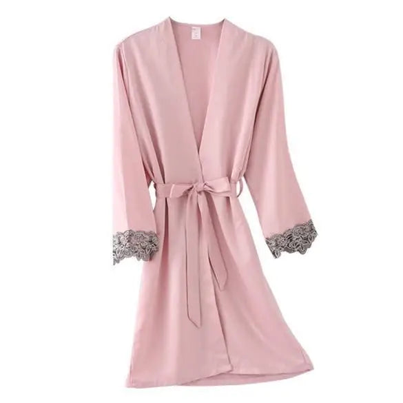 Lightweight Pink Women Sleepwear Classic Design Silk Bathrobe Lace Trim Bridesmaid Bride Party Robes - Pink / M