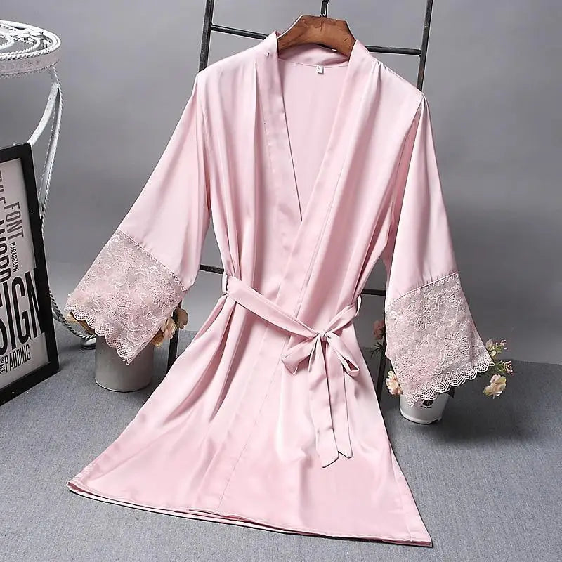 Lightweight Pink Women Sleepwear Classic Design Silk Bathrobe Lace Trim Bridesmaid Bride Party Robes - STIL3344RDFCV