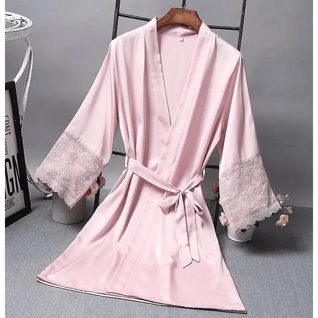 Lightweight Pink Women Sleepwear Classic Design Silk Bathrobe Lace Trim Bridesmaid Bride Party Robes - Princess Pink