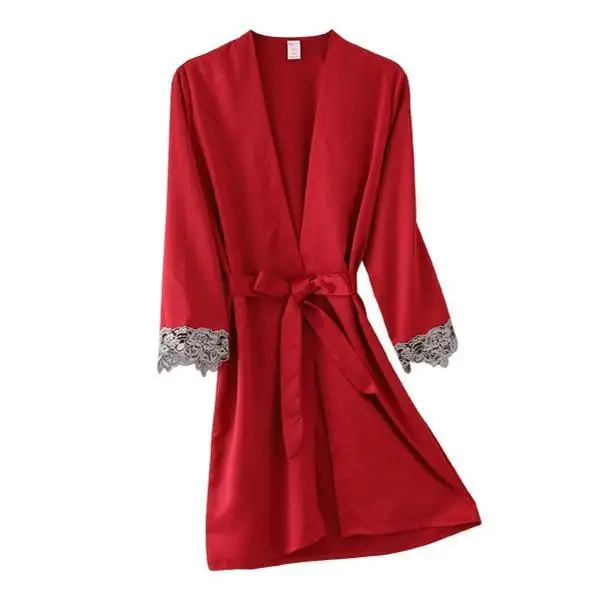 Lightweight Pink Women Sleepwear Classic Design Silk Bathrobe Lace Trim Bridesmaid Bride Party Robes - Red / M