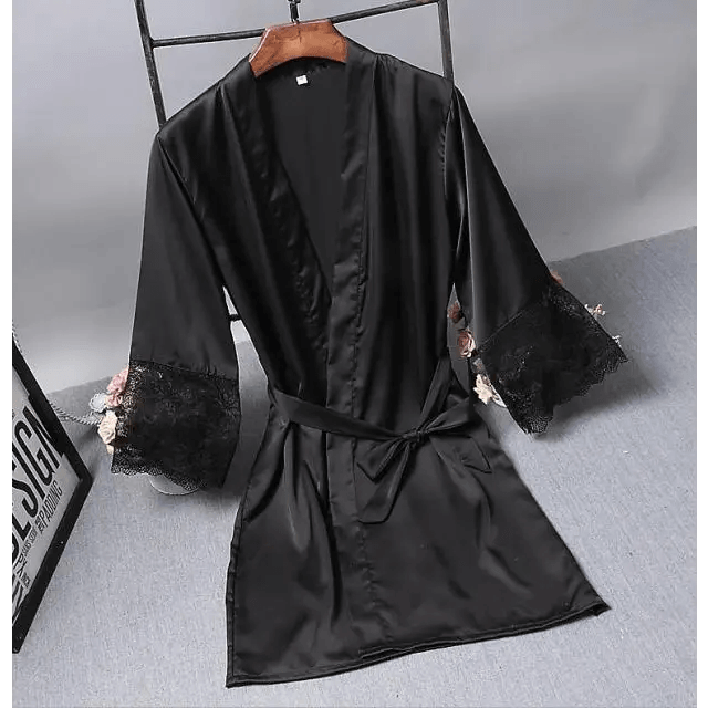 Lightweight Pink Women Sleepwear Classic Design Silk Bathrobe Lace Trim Bridesmaid Bride Party Robes - Cosmic Black / M