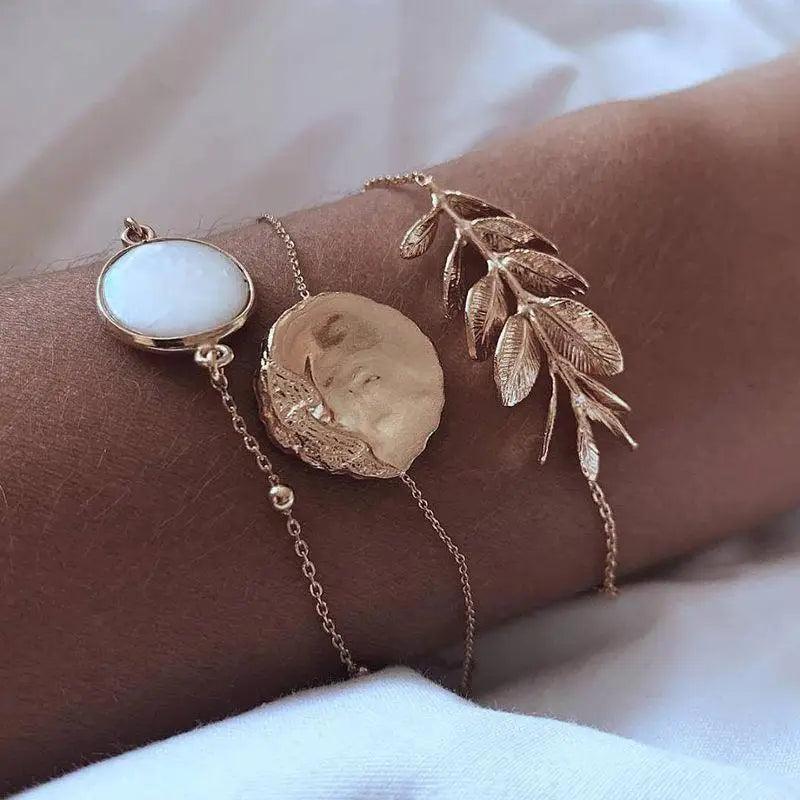 Luxruy Modern Bohemian Gold Color Moon Leaf Crystal Opal Open Bracelet Set for Women In Boho Beach Bangle Jewelry Style - STEVVEX Jewelry - 925 sterling jewelry, 925 sterling jewlery, 925 sterling silver, 925 sterling steel, bracelets, Brecelet, Brecelets, Brecelets set, Brecelets stainless steel, bridal accessories, bridal fashion, crystal opal open bracelet, jewelry, Jewelry set, leaf brecelet, leaf crystal bracelet, retro 925 sterling silver, women accessories, women fashion - Stevvex.com