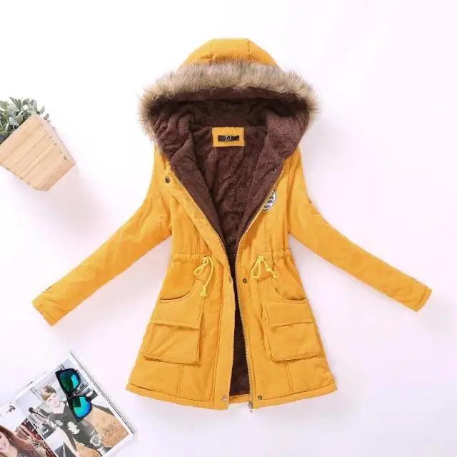 Luxurious Autumn Winter Women Cotton Jacket Padded Casual Slim Coat Emboridery Hooded Size 3XL Wadded Overcoat - Yellow