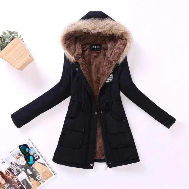 Luxurious Autumn Winter Women Cotton Jacket Padded Casual Slim Coat Emboridery Hooded Size 3XL Wadded Overcoat - Black