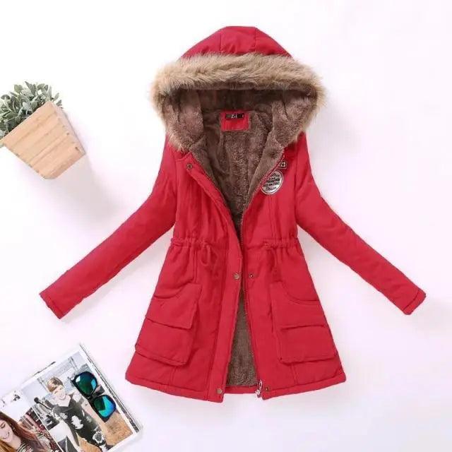 Luxurious Autumn Winter Women Cotton Jacket Padded Casual Slim Coat Emboridery Hooded Size 3XL Wadded Overcoat - Red