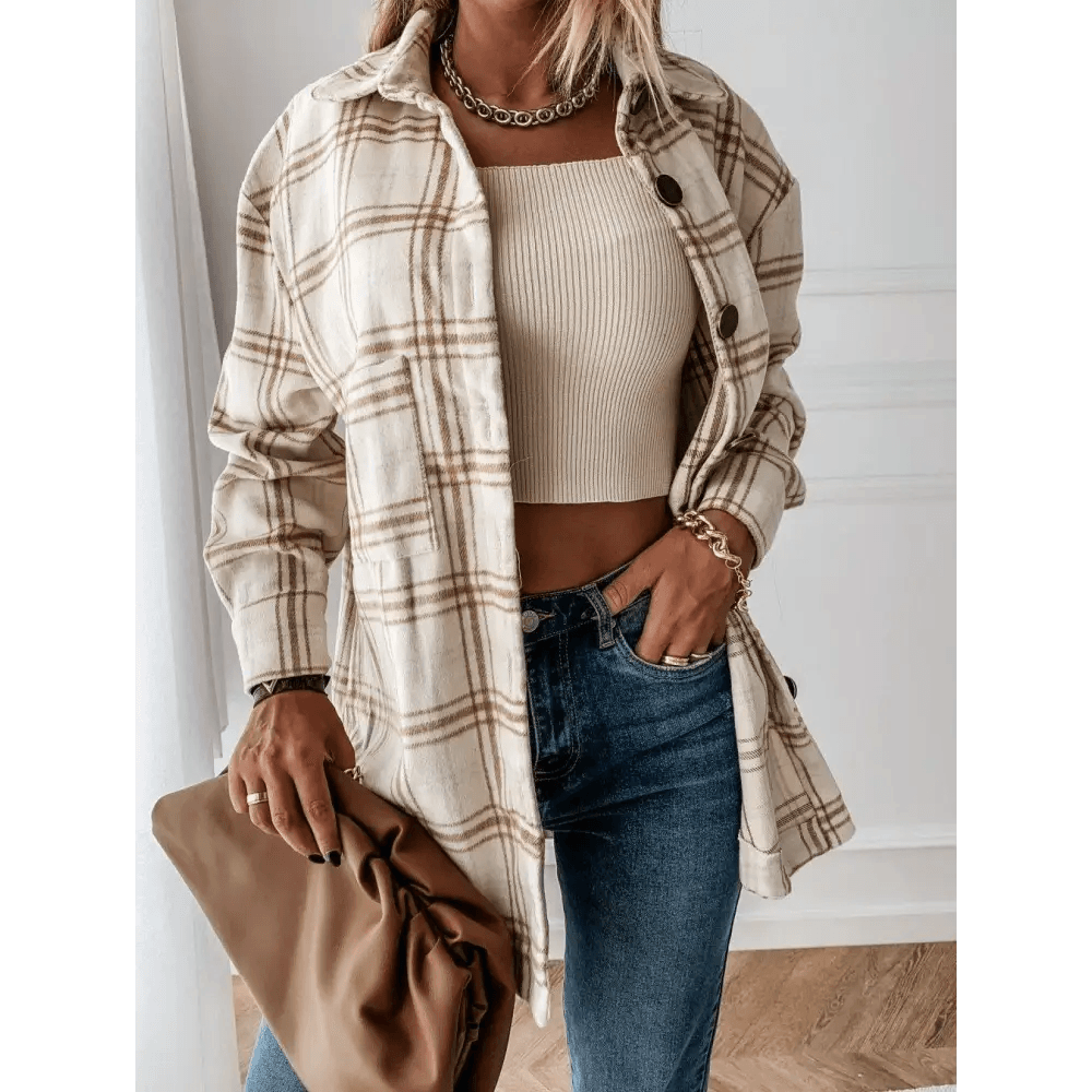 Luxurious Fashionable Women’s Long Sleeve Plaid Shirt Coats Top Spring Autumn Casual Lapel