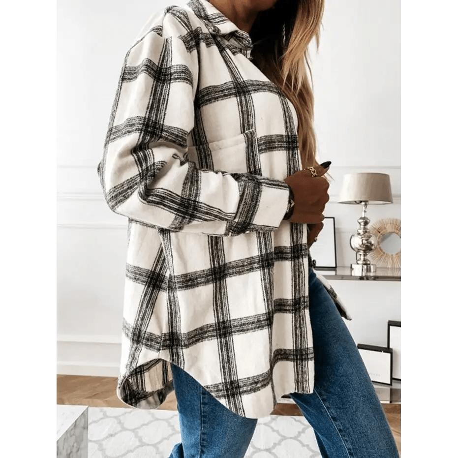 Luxurious Fashionable Women’s Long Sleeve Plaid Shirt Coats Top Spring Autumn Casual Lapel