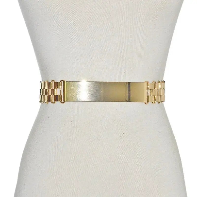 Luxurious Gold Wide Strap Elastic Belts For Women Elegant Metal Polished Plain Gold Belt Black Wide Strap Waistband for Women - STEVVEX Fashion - 702, belt, belts, belts for women, black belt, classic belt, classy belt, elastic belt, elegant belt, fashion belt, golden belt, ladies belt, luxury belt, metal belt, party belt, retro belt, trendy belt, unique belt, unique design belt, vintage belt, wide metal belt, women belts - Stevvex.com