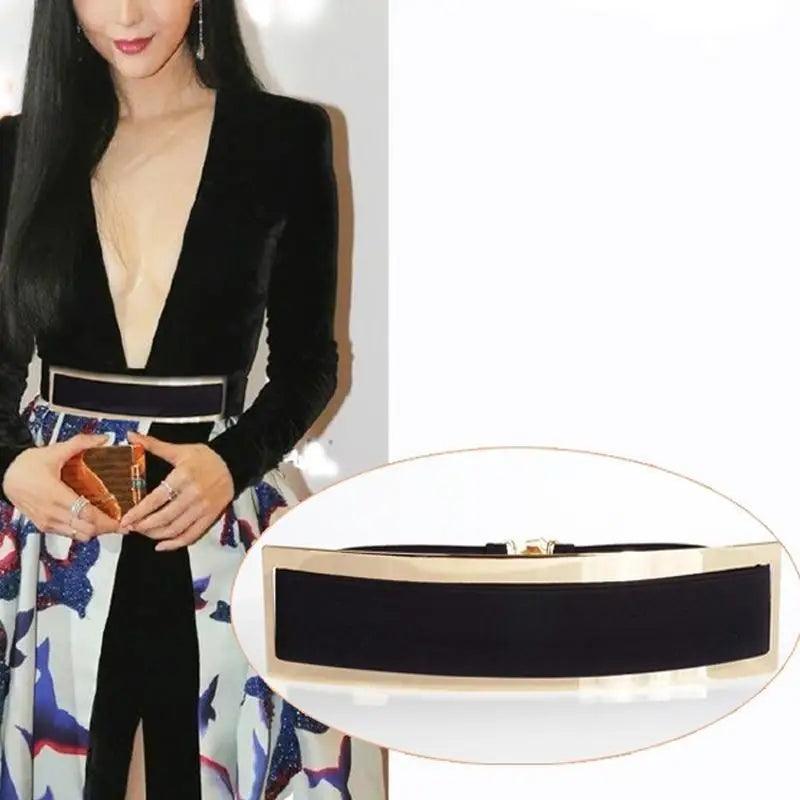 Luxurious Gold Wide Strap Elastic Belts For Women Elegant Metal Polished Plain Gold Belt Black Wide Strap Waistband for Women - STEVVEX Fashion - 702, belt, belts, belts for women, black belt, classic belt, classy belt, elastic belt, elegant belt, fashion belt, golden belt, ladies belt, luxury belt, metal belt, party belt, retro belt, trendy belt, unique belt, unique design belt, vintage belt, wide metal belt, women belts - Stevvex.com