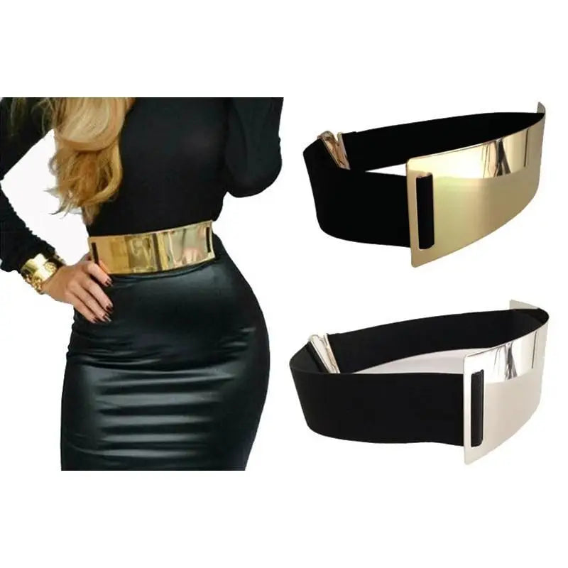 Luxurious Gold Wide Strap Elastic Belts For Women Elegant Metal Polished Plain Gold Belt Black Wide Strap Waistband for Women - STEVVEX Fashion - 702, belt, belts, belts for women, black belt, classic belt, classy belt, elastic belt, elegant belt, fashion belt, golden belt, ladies belt, luxury belt, metal belt, party belt, retro belt, trendy belt, unique belt, unique design belt, vintage belt, wide metal belt, women belts - Stevvex.com