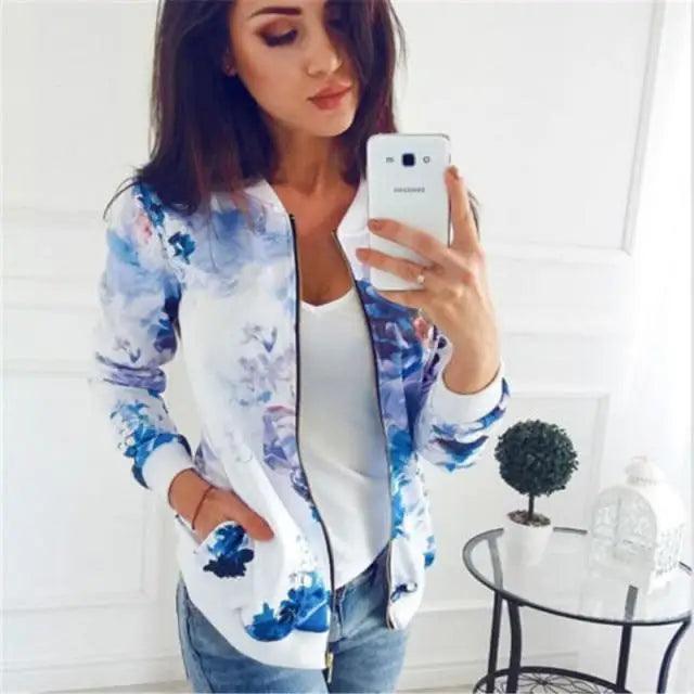 Luxurious Women Floral Jackets Spring Summer Long Sleeve Zipper Print Bomber Jacket Casual Pocket Slim Female Fashion