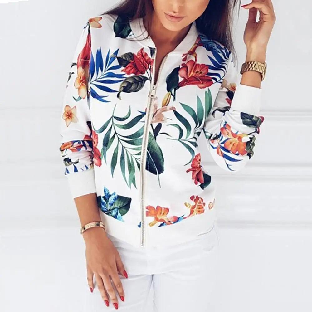 Luxurious Women Floral Jackets Spring Summer Long Sleeve Zipper Print Bomber Jacket Casual Pocket Slim Female Fashion