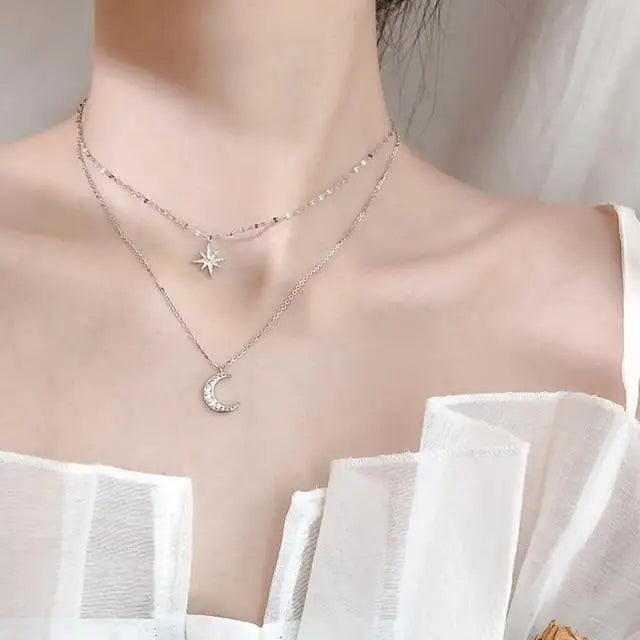 Luxury 925 Sterling Silver Shining Zircon Elegant Star Moon Double Layer Necklace For Female - ALLURELATION - 572, 580, aesthetic jewelry, Birthday gift for Girlfriend, Birthday gift for wife, Choker Necklace, christmas gifts, cute Fashion jewelry, Elegant Jewelry, Elegant Necklaces, Fashion Choker, fashion jewelry, Jewelry, Necklace, Necklaces for women, Trending jewelry, trending necklaces, women Necklaces, womens jewelry - Stevvex.com