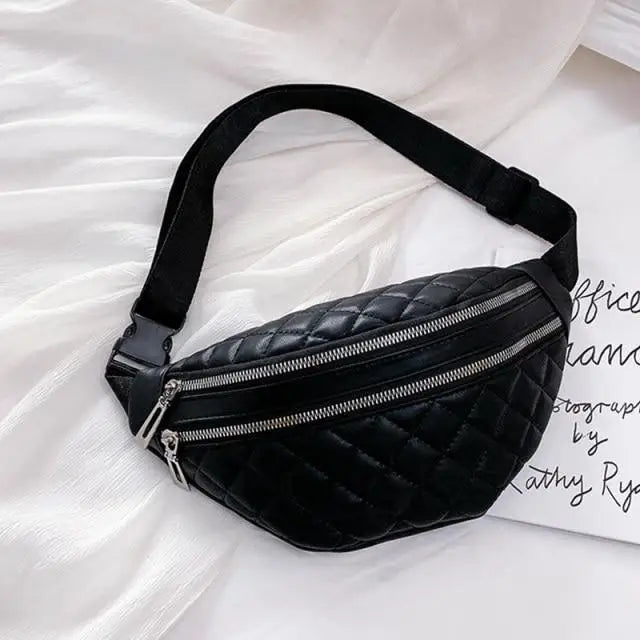 Luxury Black PU Leather Fashion Women Waist Bag Waterproof Fanny Pack Beautiful Design Fanny Pack Cool Travel Waist Bag