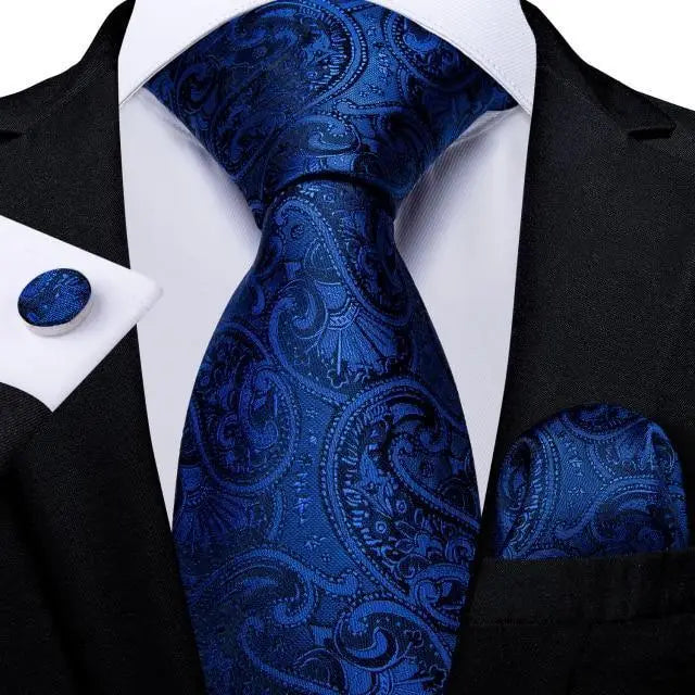 Luxury Blue Silk Design Wedding Tie For Men Necktie Pocket Square Cufflink Set Formal Business Meeting Necktie For Men