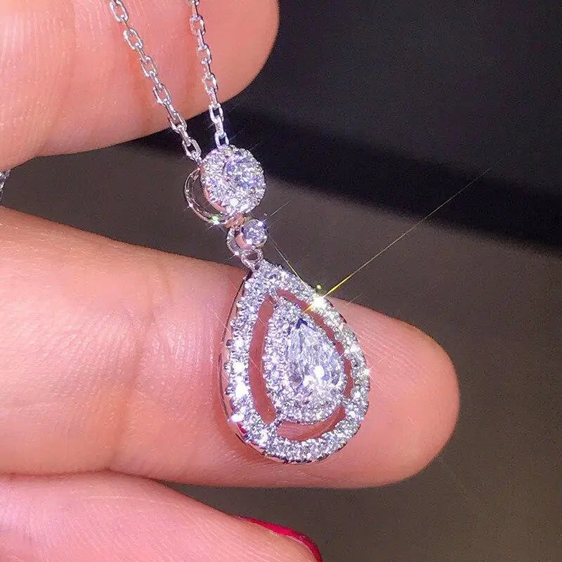 Luxury Female Water Drop Pendant Necklace Cute Silver Color Zircon Long Necklace Fashion Bride Wedding Necklaces - STEVVEX Juwelery - bridal accessories, bridal fashion, Drop necklace, female water drop pendant, jewelry, juwelery, necklace, wedding necklaces, women accessories, women fashion, zircon long necklace - Stevvex.com