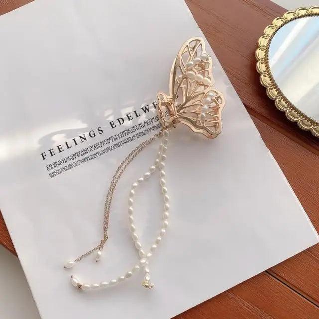 Luxury Flower Butterfly Pearls Tassel Metal Hair Claws For Women Stylish Barrettes Hair Clip Large Hair Catch Clip Hair