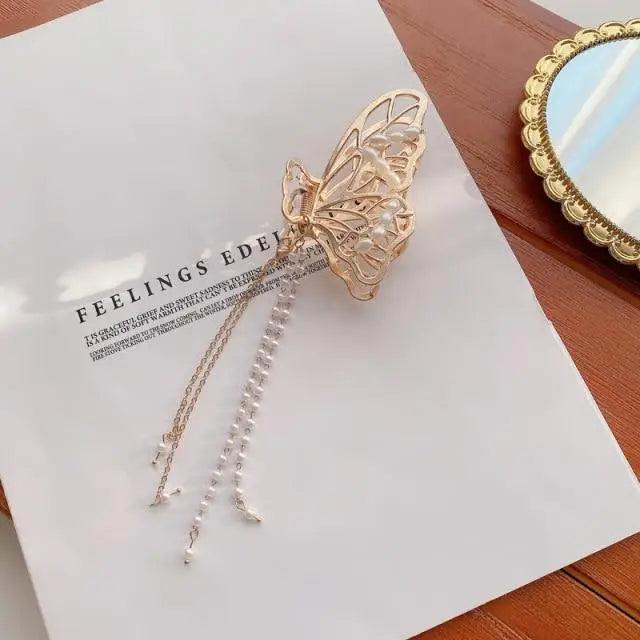 Luxury Flower Butterfly Pearls Tassel Metal Hair Claws For Women Stylish Barrettes Hair Clip Large Hair Catch Clip Hair