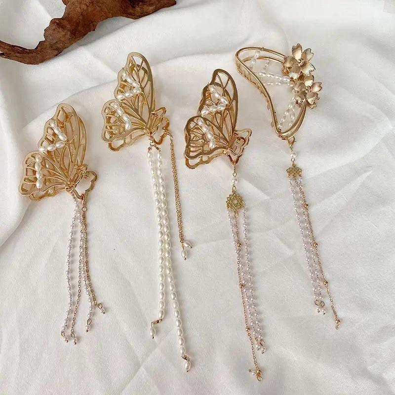 Luxury Flower Butterfly Pearls Tassel Metal Hair Claws For Women Stylish Barrettes Hair Clip Large Hair Catch Clip Hair