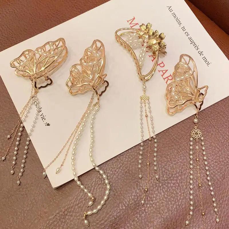 Luxury Flower Butterfly Pearls Tassel Metal Hair Claws For Women Stylish Barrettes Hair Clip Large Hair Catch Clip Hair