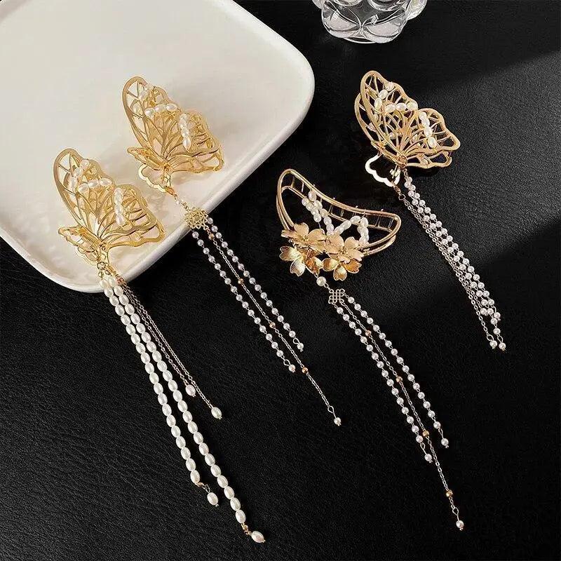 Luxury Flower Butterfly Pearls Tassel Metal Hair Claws For Women Stylish Barrettes Hair Clip Large Hair Catch Clip Hair