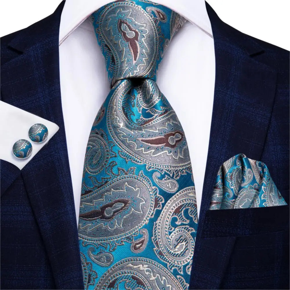 Luxury Men Silk Necktie Pocket Square Matching Handkerchief Cufflinks Set Formal Design Printed Business Necktie