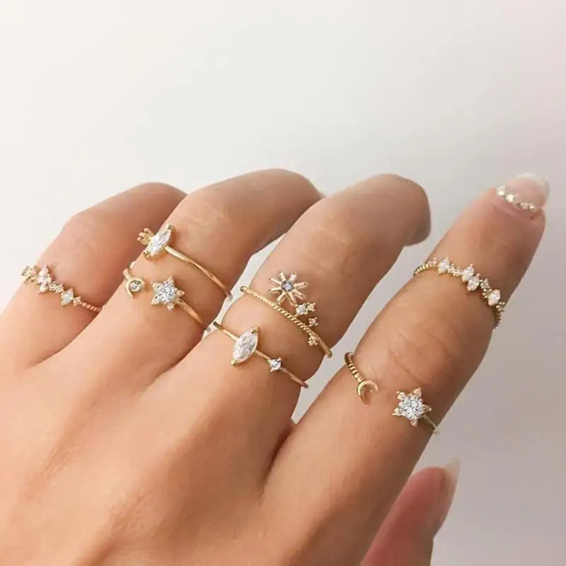 Luxury Modern New Gorgeous Moon Star Finger Ring Set For Women And Girls Vintage Style Gold Rings Set For Wedding