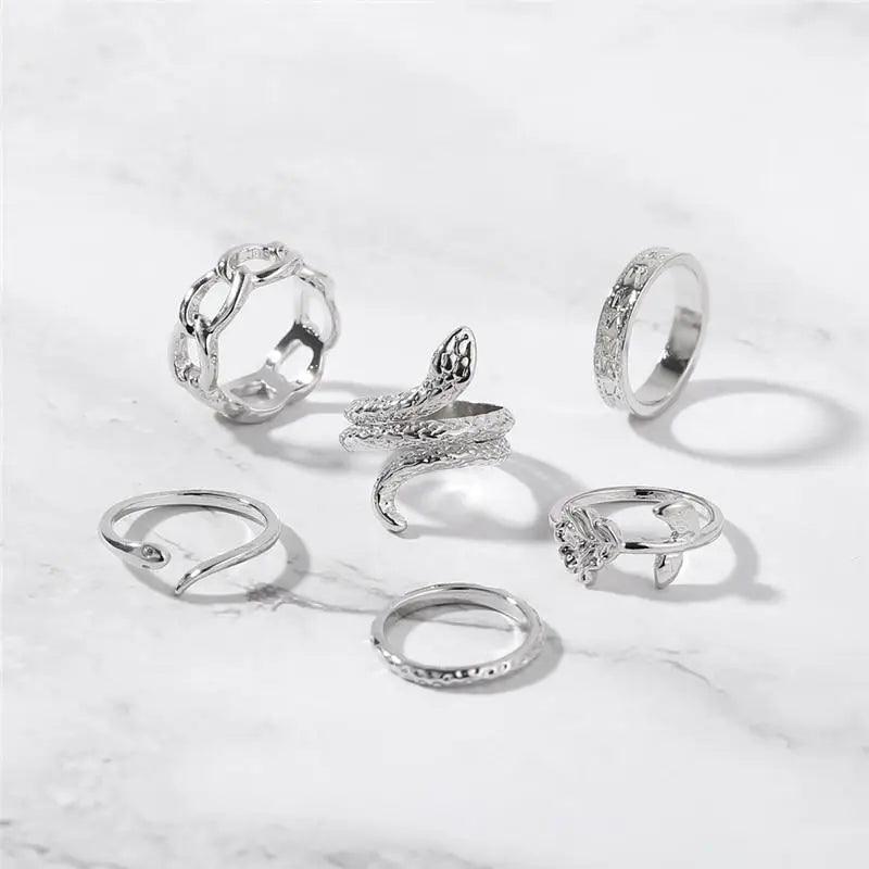 Luxury Modern Ring Set for Girls Sterling Chain And Moon Rings Set For Ladies And Girls - Vintage Style Female Rings