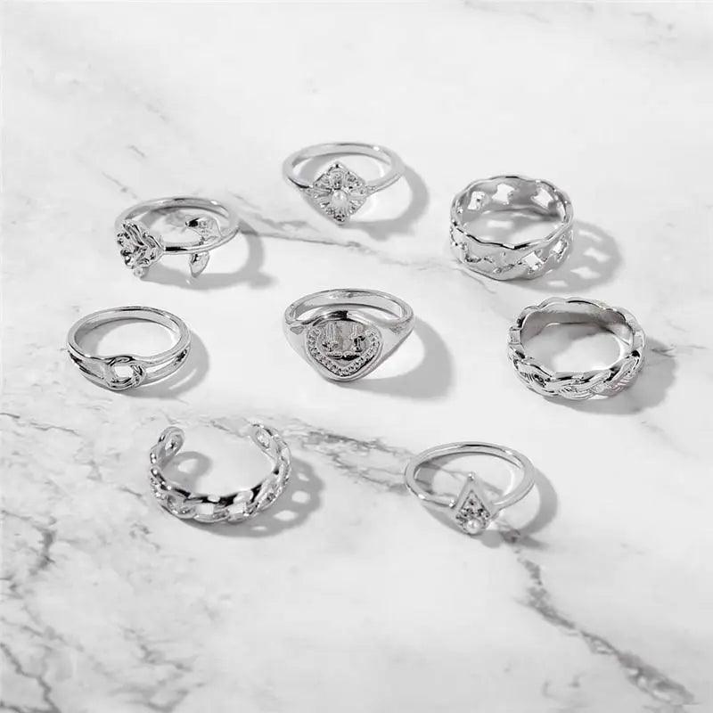 Luxury Modern Ring Set for Girls Sterling Chain And Moon Rings Set For Ladies And Girls - Vintage Style Female Rings