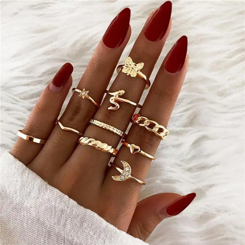 Luxury Modern Ring Set for Girls Sterling Chain And Moon Rings Set For Ladies And Girls - Vintage Style Female Rings