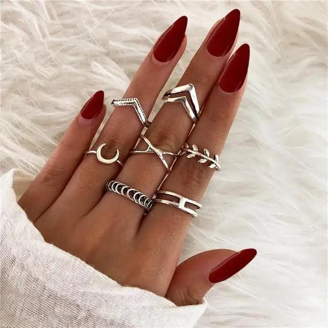 Luxury Modern Ring Set for Girls Sterling Chain And Moon Rings Set For Ladies And Girls - Vintage Style Female Rings