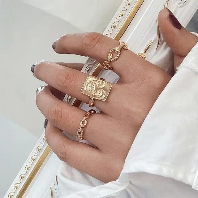 Luxury Modern Ring Set for Girls Sterling Chain And Moon Rings Set For Ladies And Girls - Vintage Style Female Rings