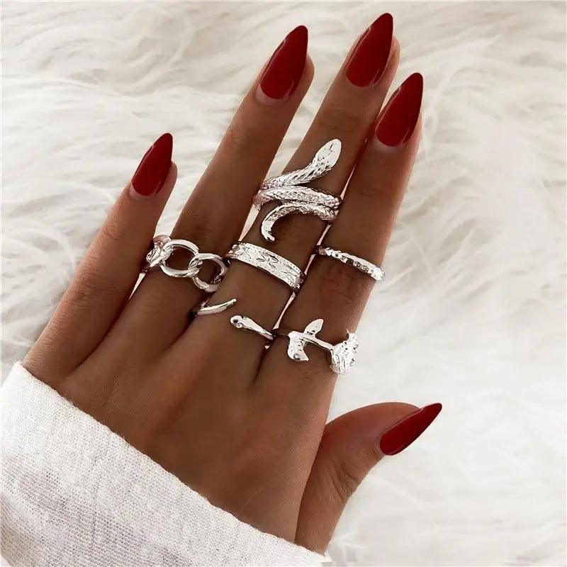 Luxury Modern Ring Set for Girls Sterling Chain And Moon Rings Set For Ladies And Girls - Vintage Style Female Rings