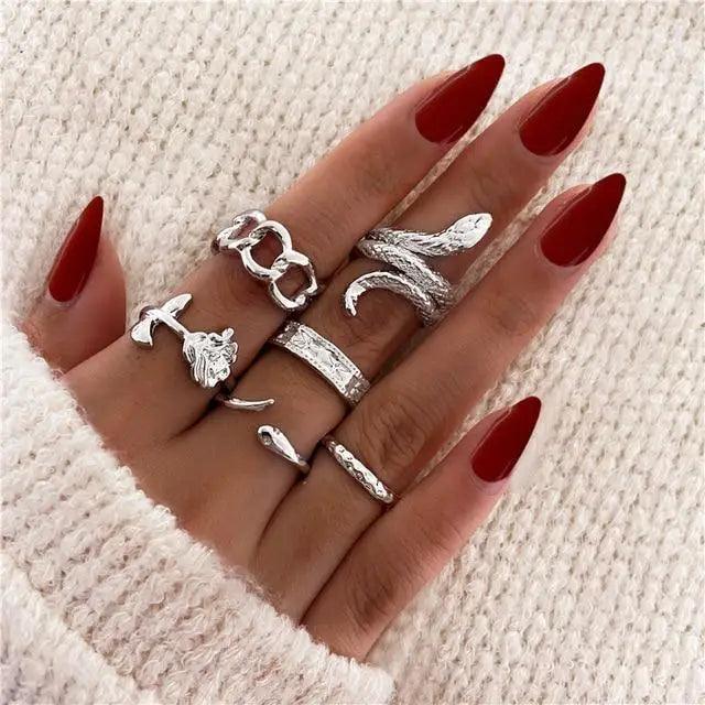 Luxury Modern Ring Set for Girls Sterling Chain And Moon Rings Set For Ladies And Girls - Vintage Style Female Rings