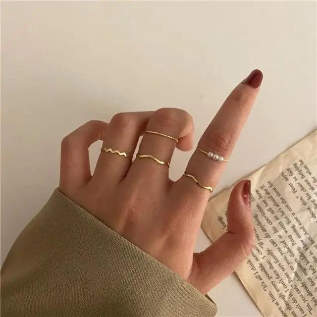 Luxury Modern Ring Set for Girls Sterling Chain And Moon Rings Set For Ladies And Girls - Vintage Style Female Rings