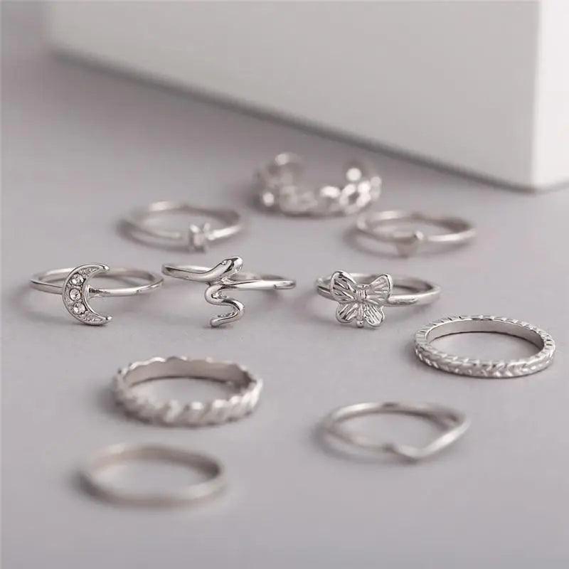 Luxury Modern Ring Set for Girls Sterling Chain And Moon Rings Set For Ladies And Girls - Vintage Style Female Rings