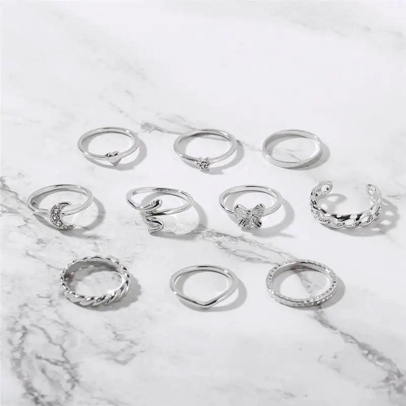 Luxury Modern Ring Set for Girls Sterling Chain And Moon Rings Set For Ladies And Girls - Vintage Style Female Rings