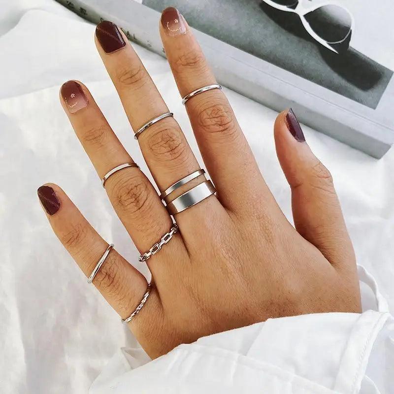 Luxury Modern Ring Set for Girls Sterling Chain And Moon Rings Set For Ladies And Girls - Vintage Style Female Rings