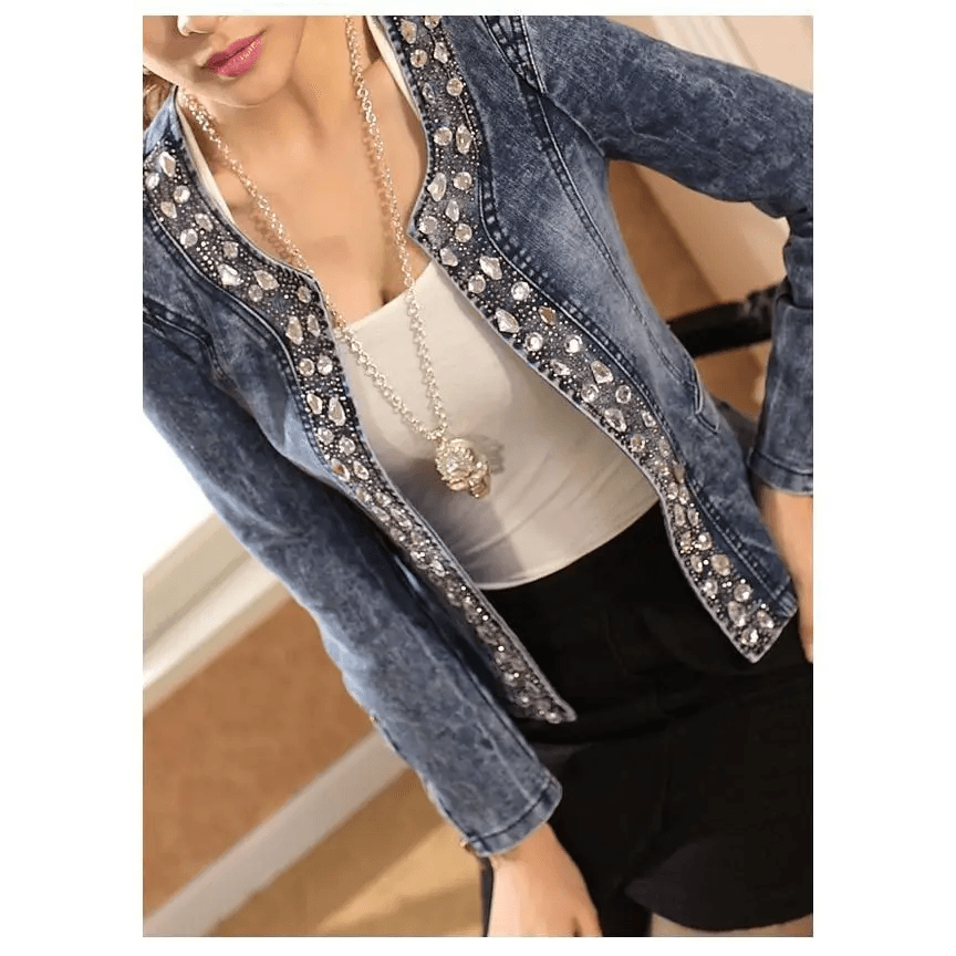 Luxury Spring Fashionable Women Denim Jacket Slim Zipper Casual Short Sequins Outerwear Ladies Vintage Crystal Biker