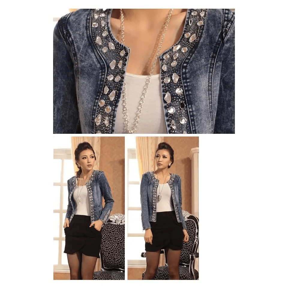 Luxury Spring Fashionable Women Denim Jacket Slim Zipper Casual Short Sequins Outerwear Ladies Vintage Crystal Biker